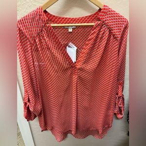 Pleione NWT blouse. Size Large. Orange/red & gray. Tunic style. Roll tab sleeve.